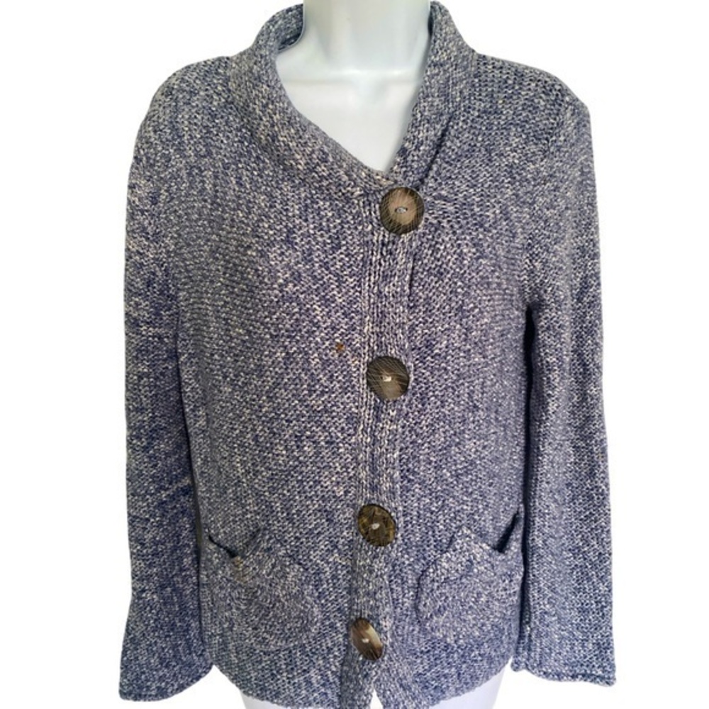 Pure Handknit Sweater - S navy white marled cotton , button front